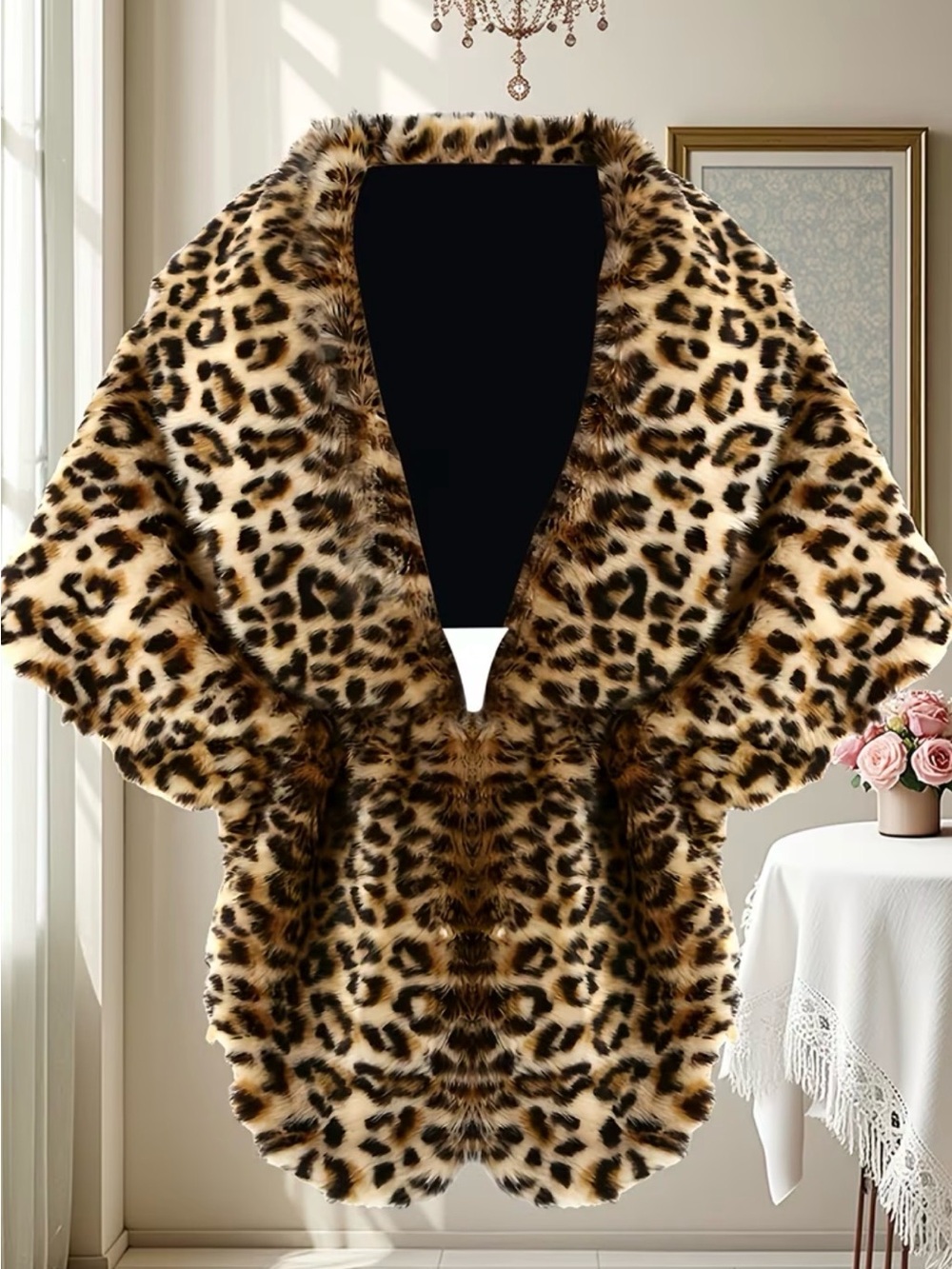 Leopard Print Faux Fur Shawl Cape One Size New